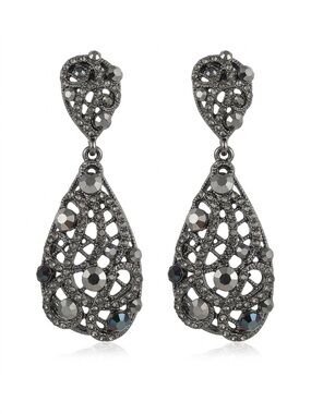 Gunmetal Filigree Teardrop Clip on  Earrings with Hematite Accents